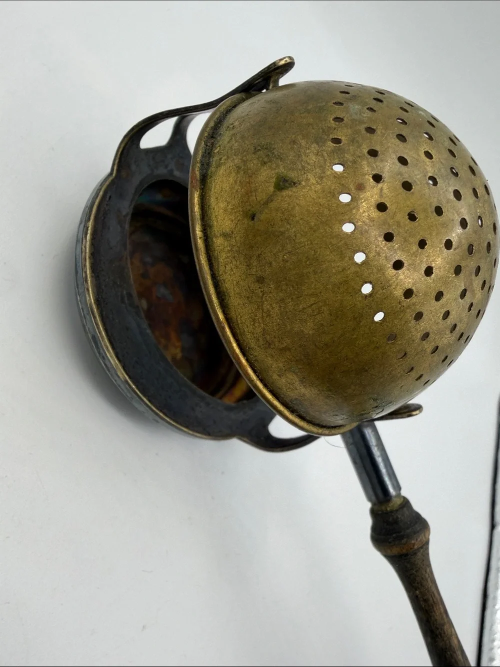 Vintage Brass Tea Strainer with Swivel Drip Cup & Wood Handle